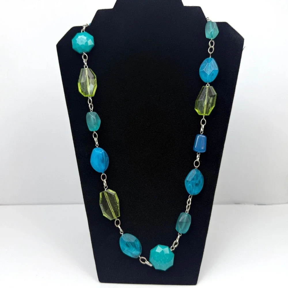 Chunky Acrylic Beaded Statement Necklace and Bracelet Set Blue Green Jewelry
